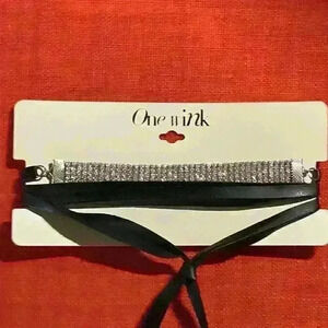 Rhinestone faux leather tie necklace